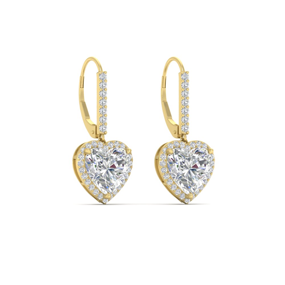 3 Carat Halo Heart Lever Back Earring with 14K Yellow Gold White Diamond