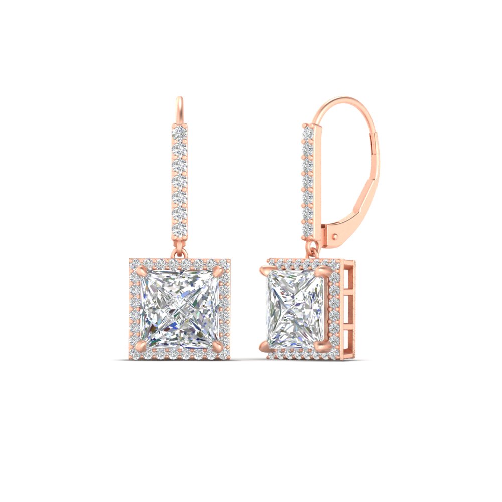 3 Carat Square Halo Lever Back Earrings with 14K Rose Gold White Diamond
