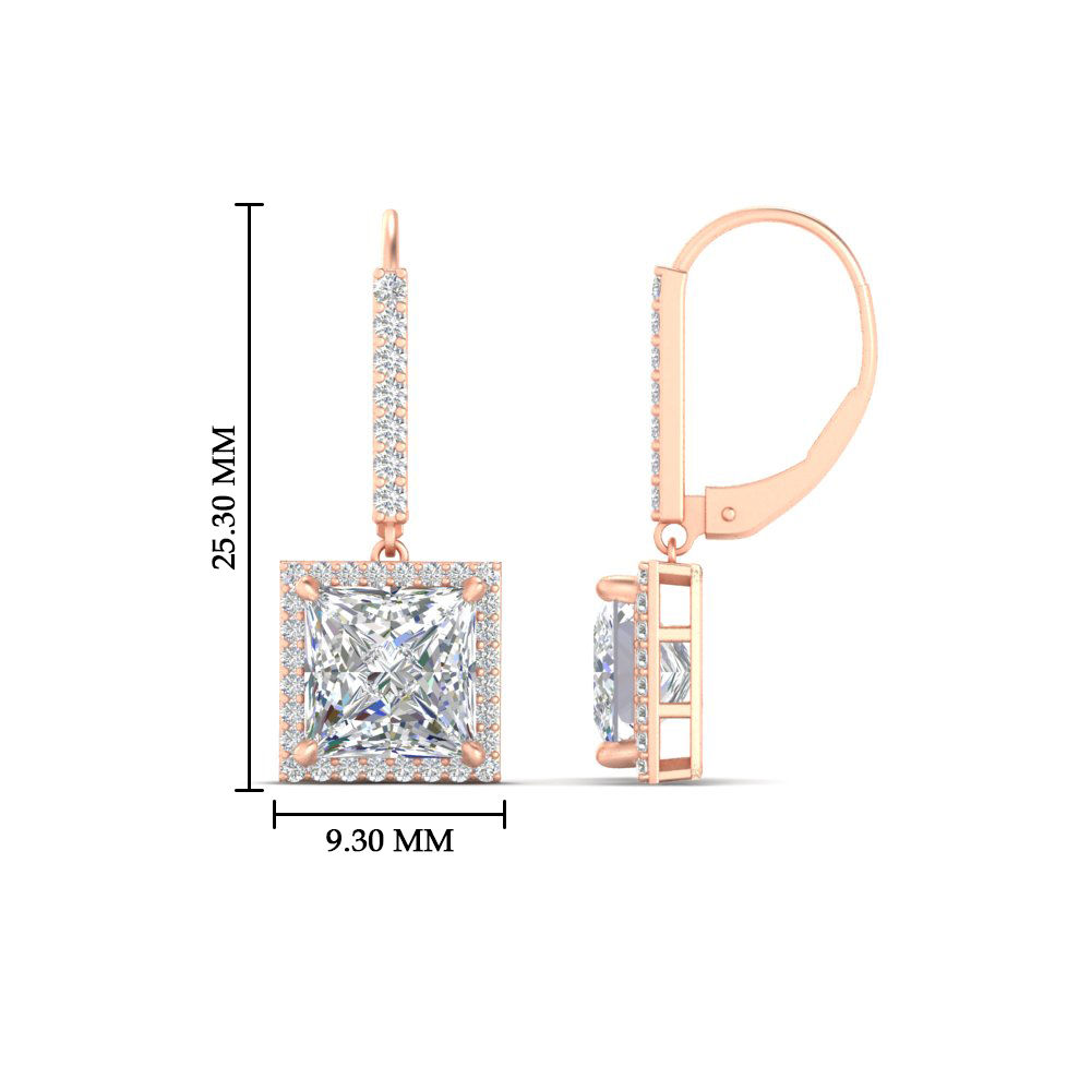 3 Carat Square Halo Lever Back Earrings with 14K Rose Gold White Diamond