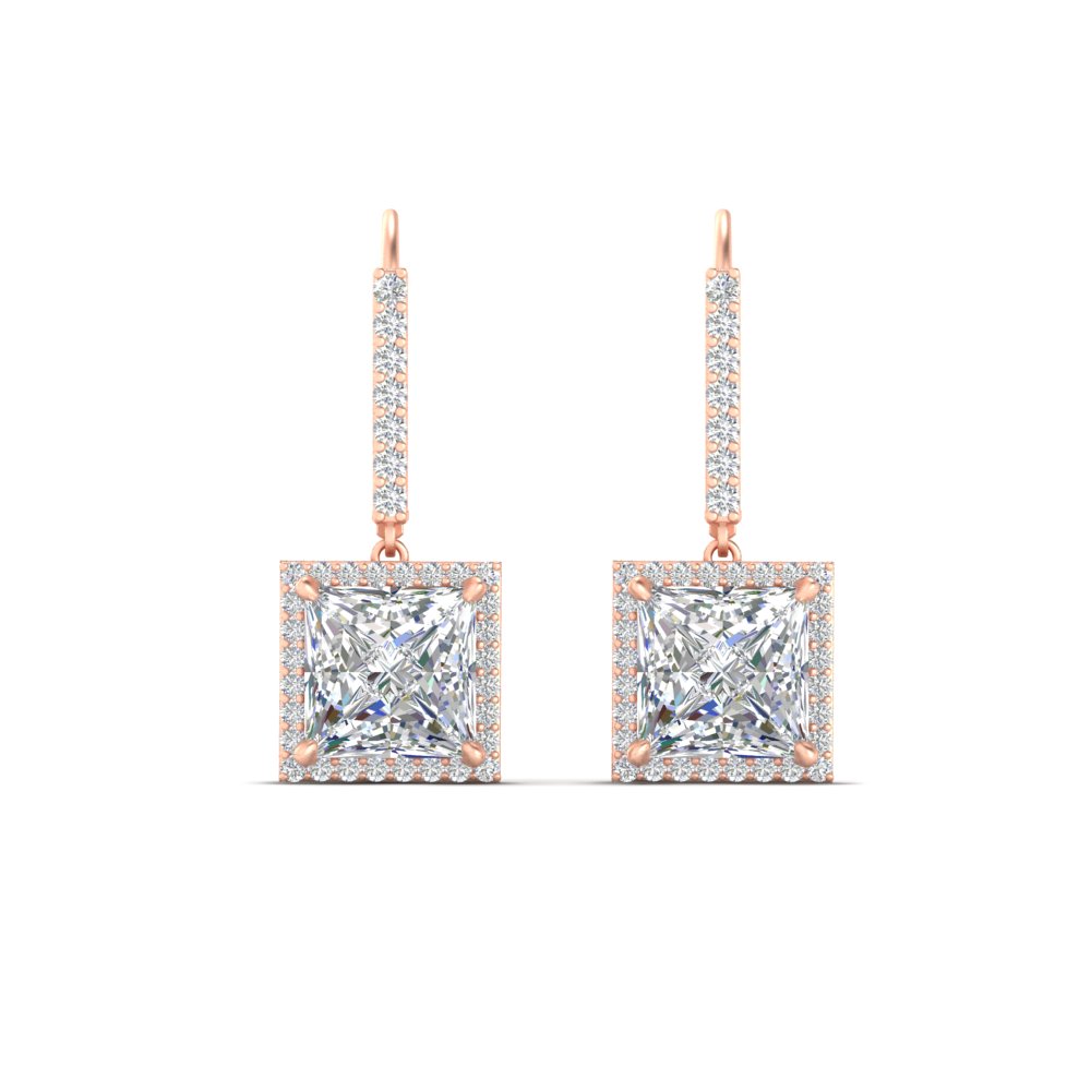 3 Carat Square Halo Lever Back Earrings with 14K Rose Gold White Diamond