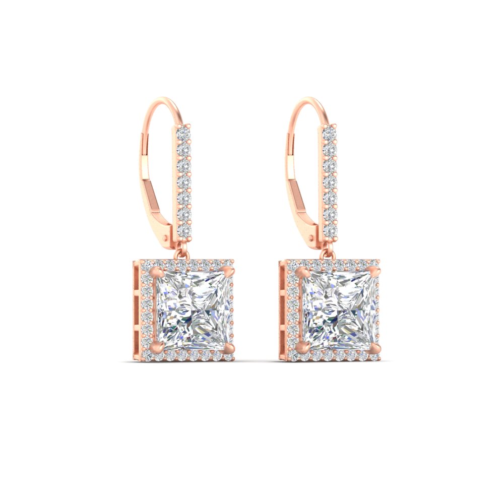 3 Carat Square Halo Lever Back Earrings with 14K Rose Gold White Diamond