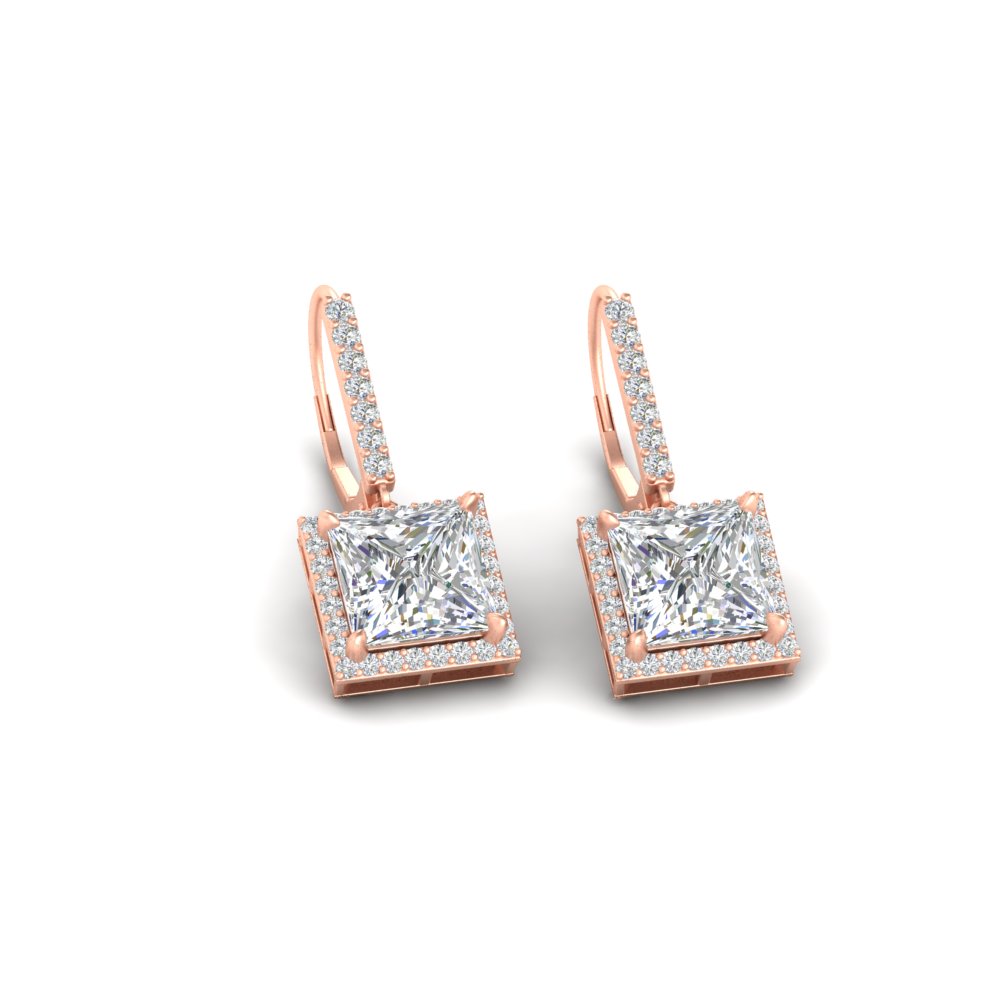 3 Carat Square Halo Lever Back Earrings with 14K Rose Gold White Diamond
