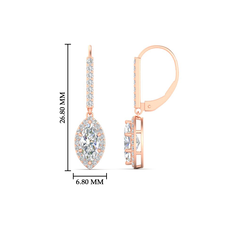 Marquise 1 Carat Halo Lever Back Drop Earrings with 14K Rose Gold White Diamond