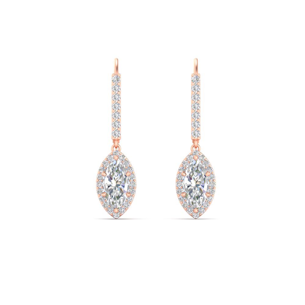 Marquise 1 Carat Halo Lever Back Drop Earrings with 14K Rose Gold White Diamond