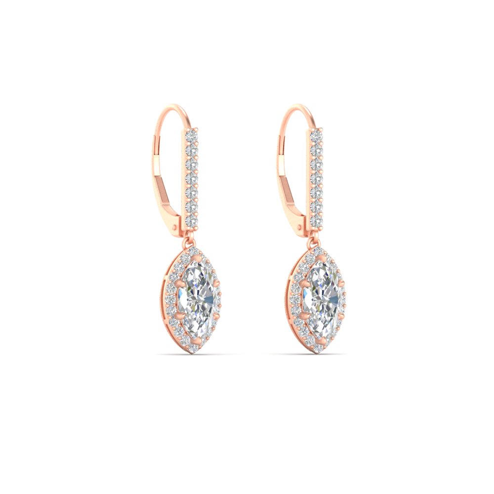 Marquise 1 Carat Halo Lever Back Drop Earrings with 14K Rose Gold White Diamond