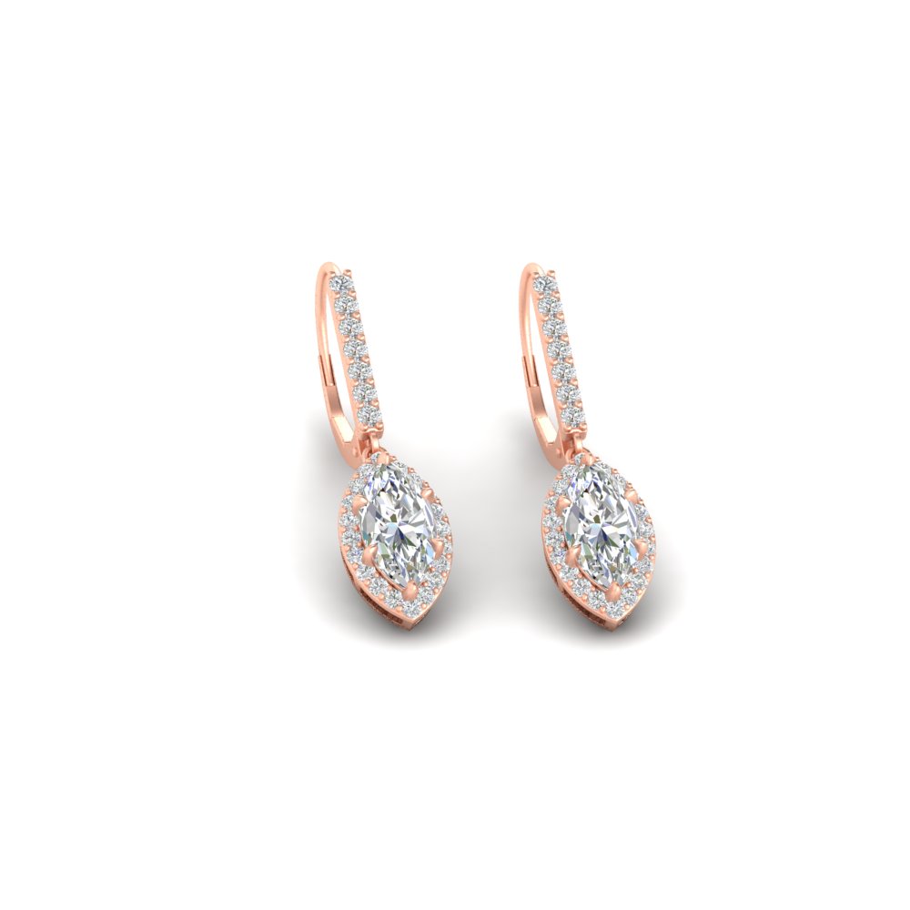 Marquise 1 Carat Halo Lever Back Drop Earrings with 14K Rose Gold White Diamond