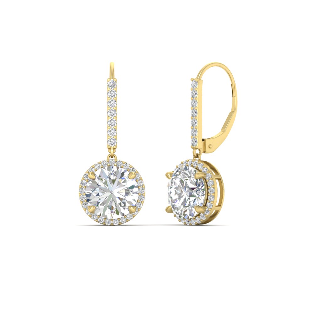 Brilliant Round Halo Drop Leverback Earrings with 14K Yellow Gold White Diamond