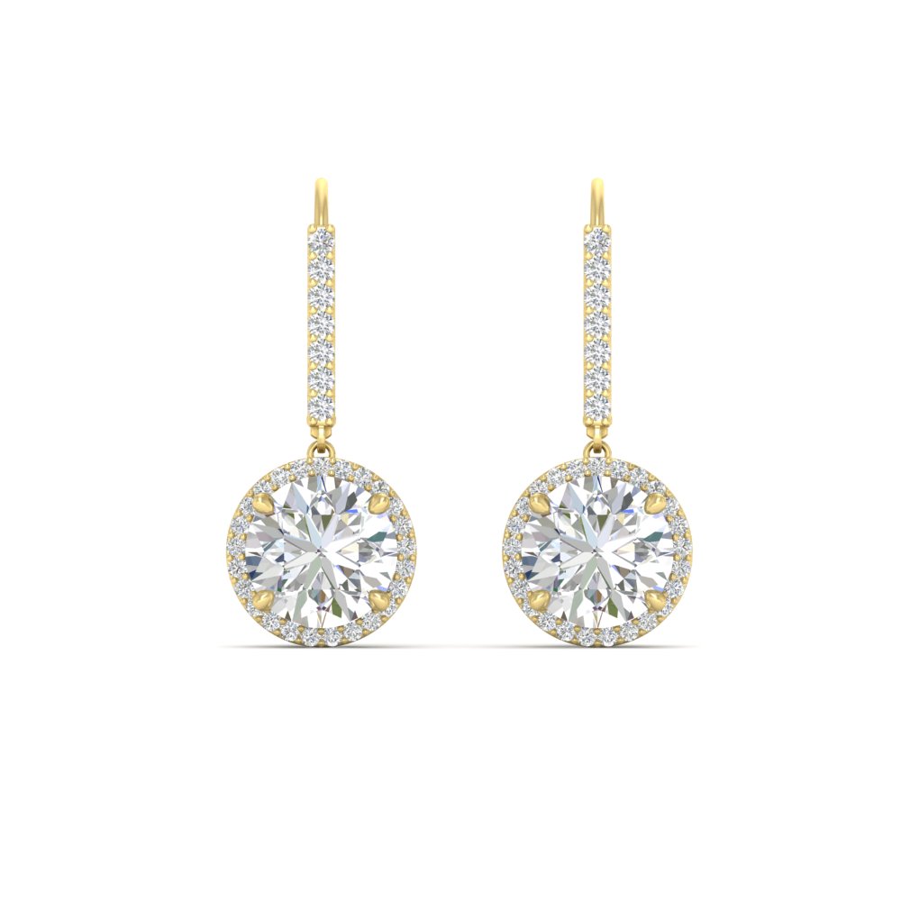 Brilliant Round Halo Drop Leverback Earrings with 14K Yellow Gold White Diamond