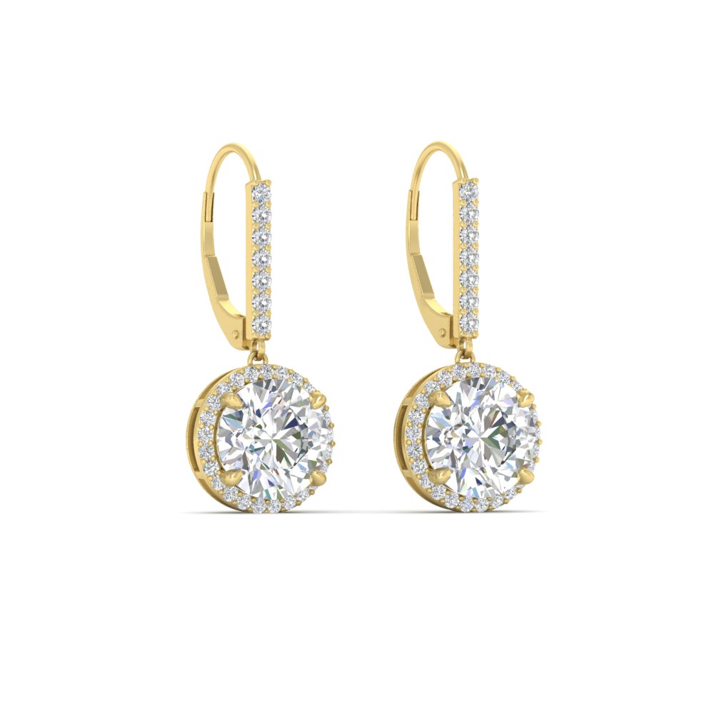 Brilliant Round Halo Drop Leverback Earrings with 14K Yellow Gold White Diamond