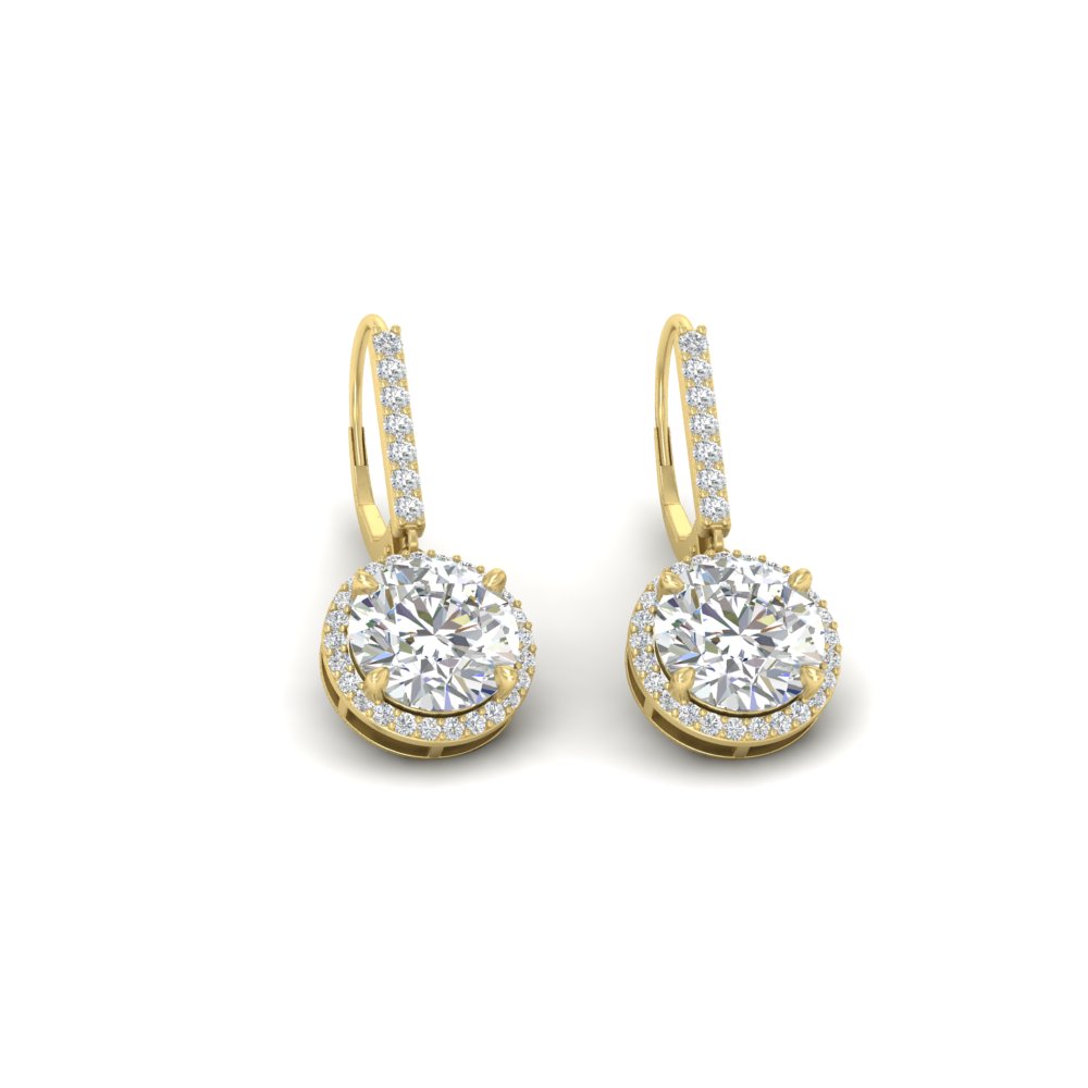 Brilliant Round Halo Drop Leverback Earrings with 14K Yellow Gold White Diamond
