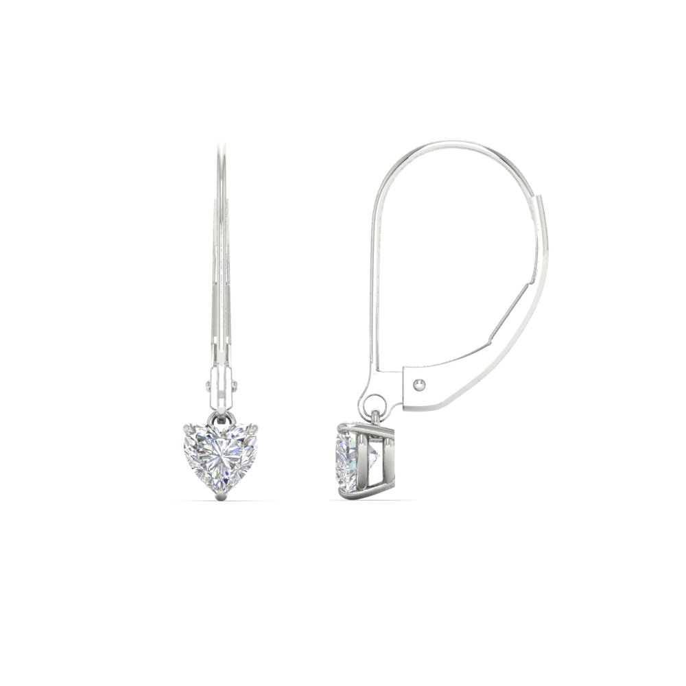 Cute Heart Shaped Stud Leverback Earrings with 14K White Gold White Diamond