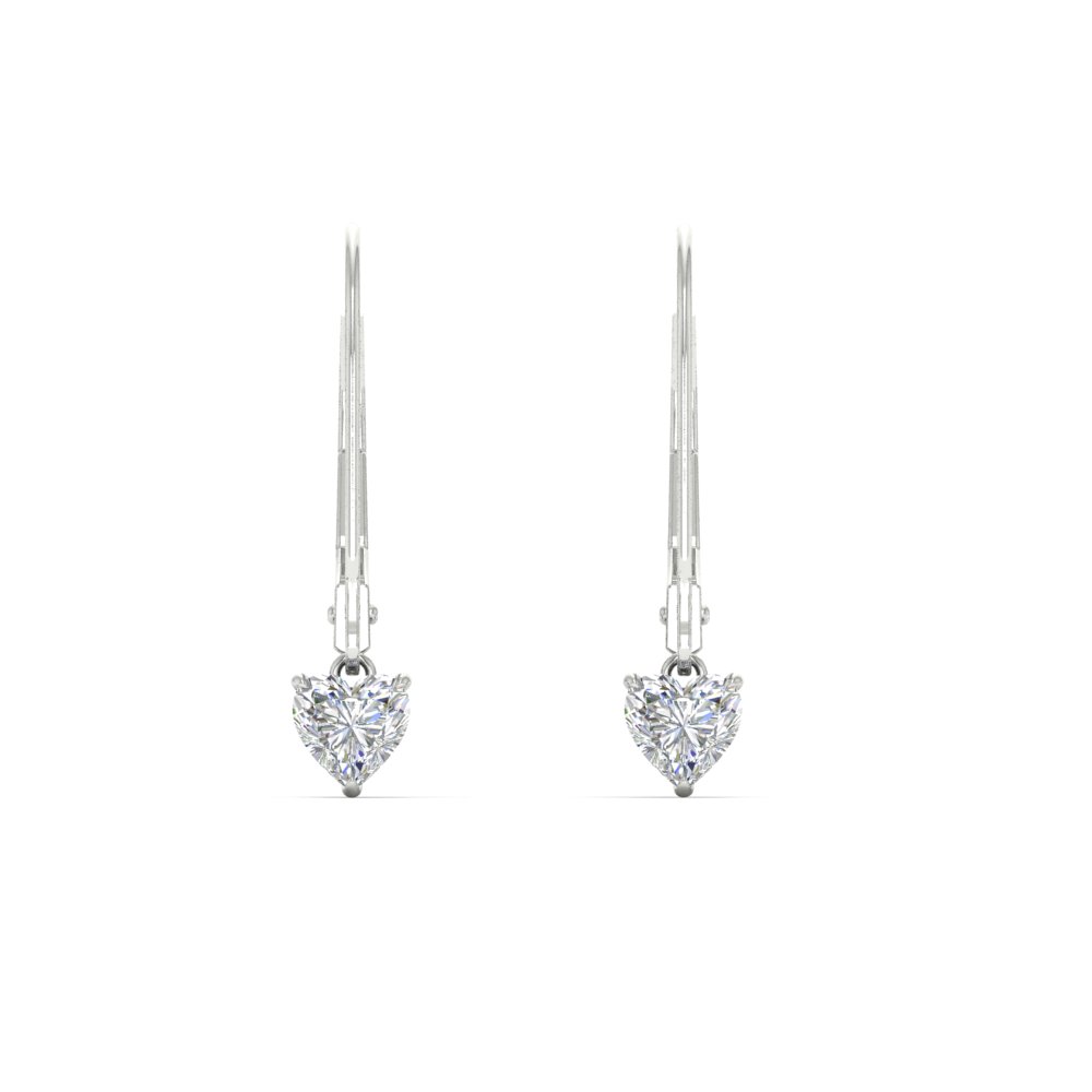 Cute Heart Shaped Stud Leverback Earrings with 14K White Gold White Diamond