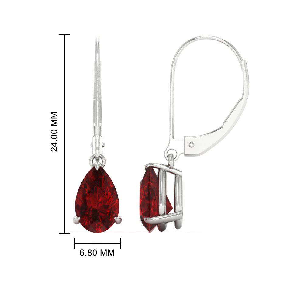 Pear Shape Drop Earrings Lever Back with 14K White Gold Red Ruby