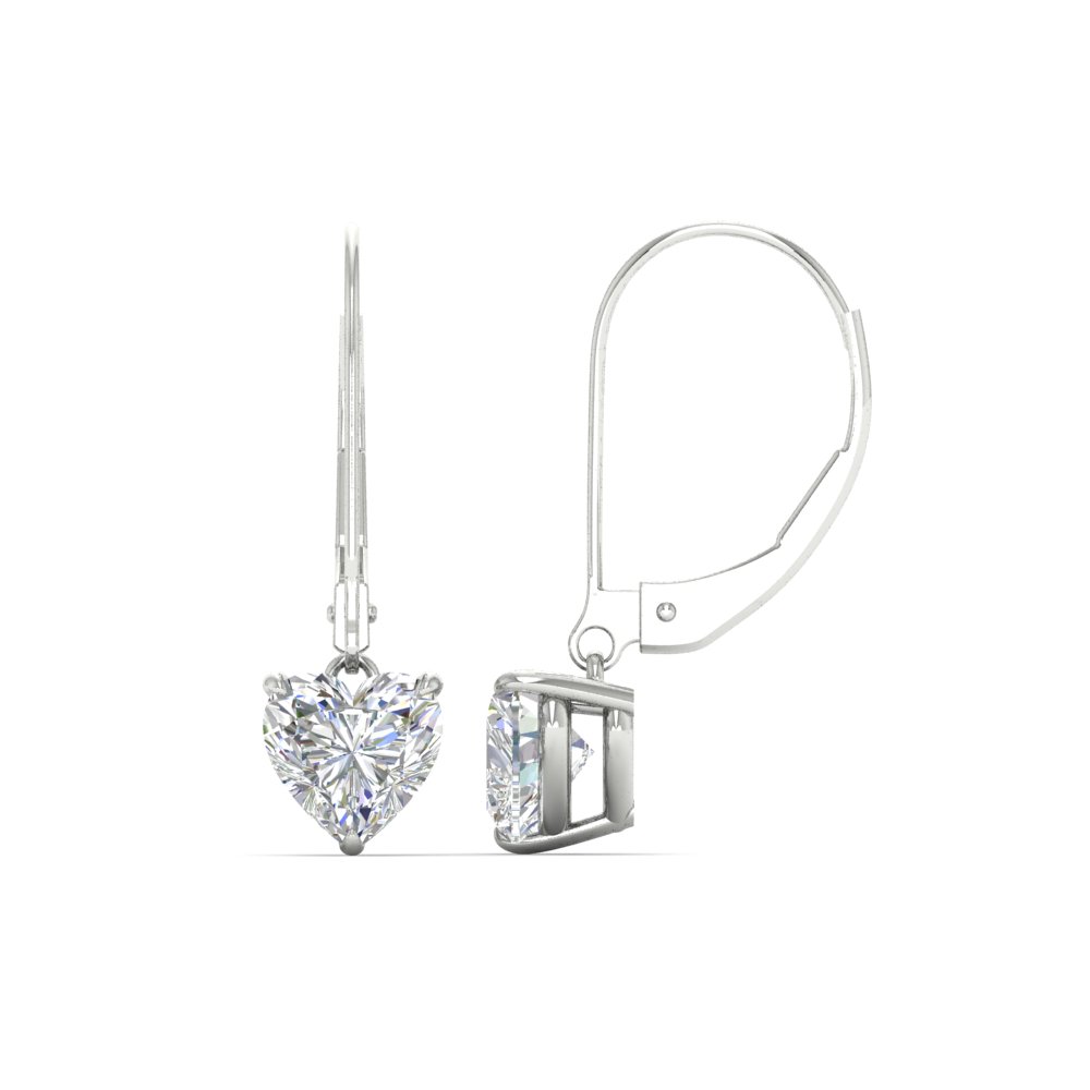 Heart Shaped Drop Leverback Earrings with 14K White Gold White Diamond