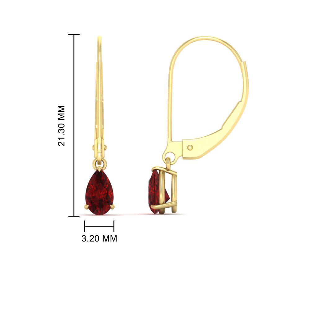 Minimalist Pear Drop Lever Back Earrings with 14K Yellow Gold Red Ruby