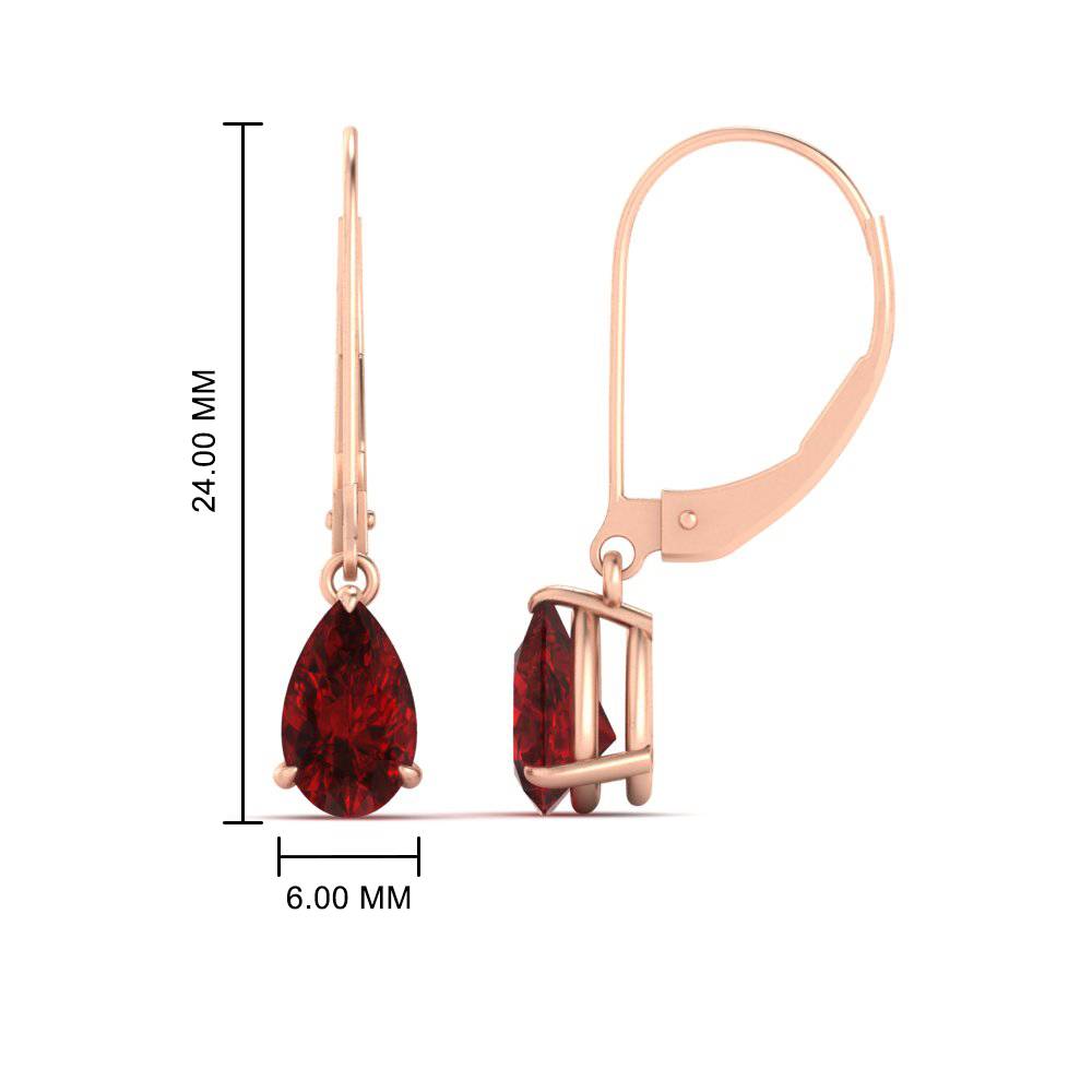 Timeless Pear Lever Back Drop Studs with 14K Rose Gold Red Ruby