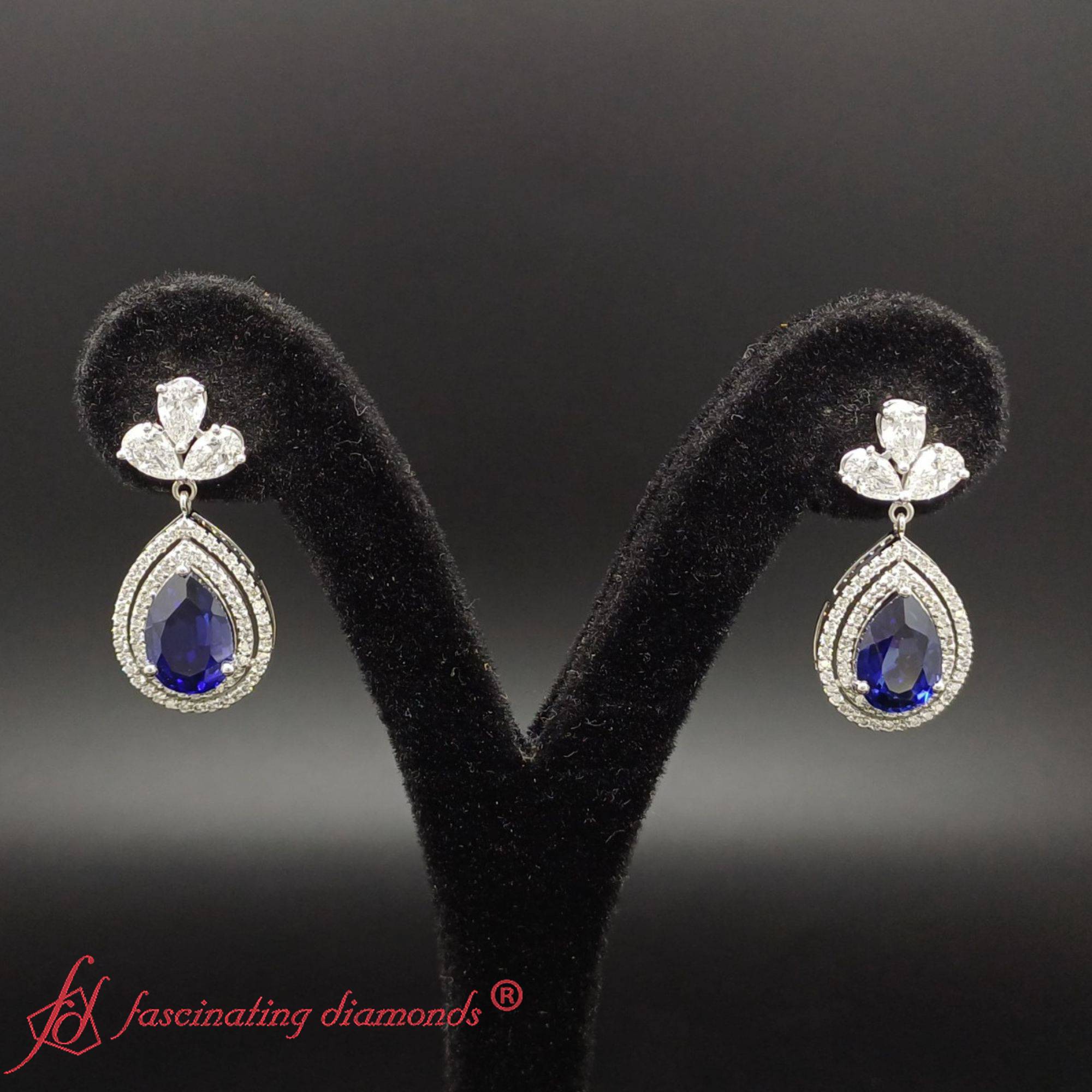 Double Halo Pear Drop Earrings with 14K White Gold Blue Sapphire
