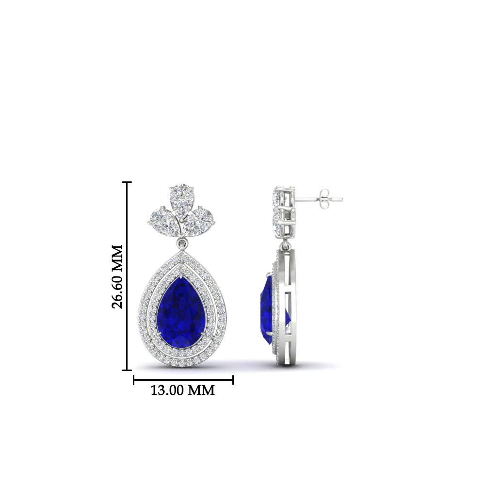 Double Halo Pear Drop Earrings with 14K White Gold Blue Sapphire