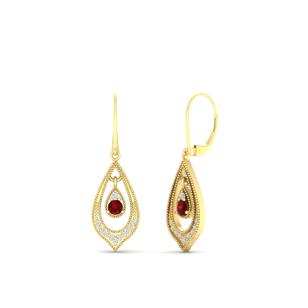 Elegant Milgrain Openwork Dangle Earrings with 14K Yellow Gold Red Ruby