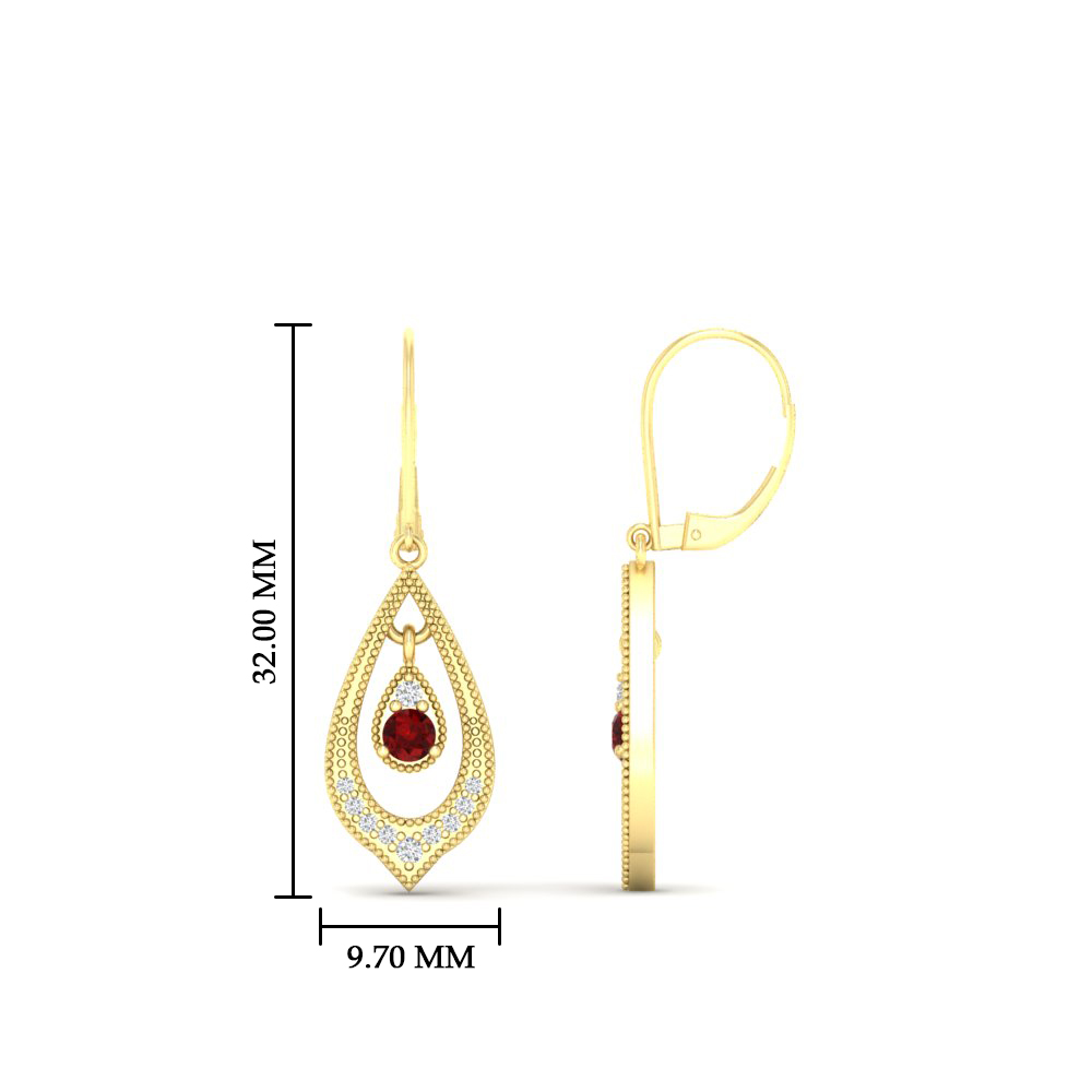 Elegant Milgrain Openwork Dangle Earrings with 14K Yellow Gold Red Ruby
