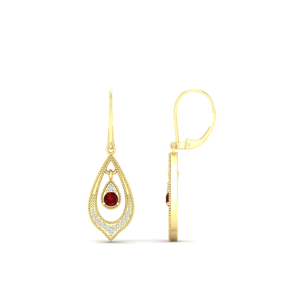 Elegant Milgrain Openwork Dangle Earrings with 14K Yellow Gold Red Ruby