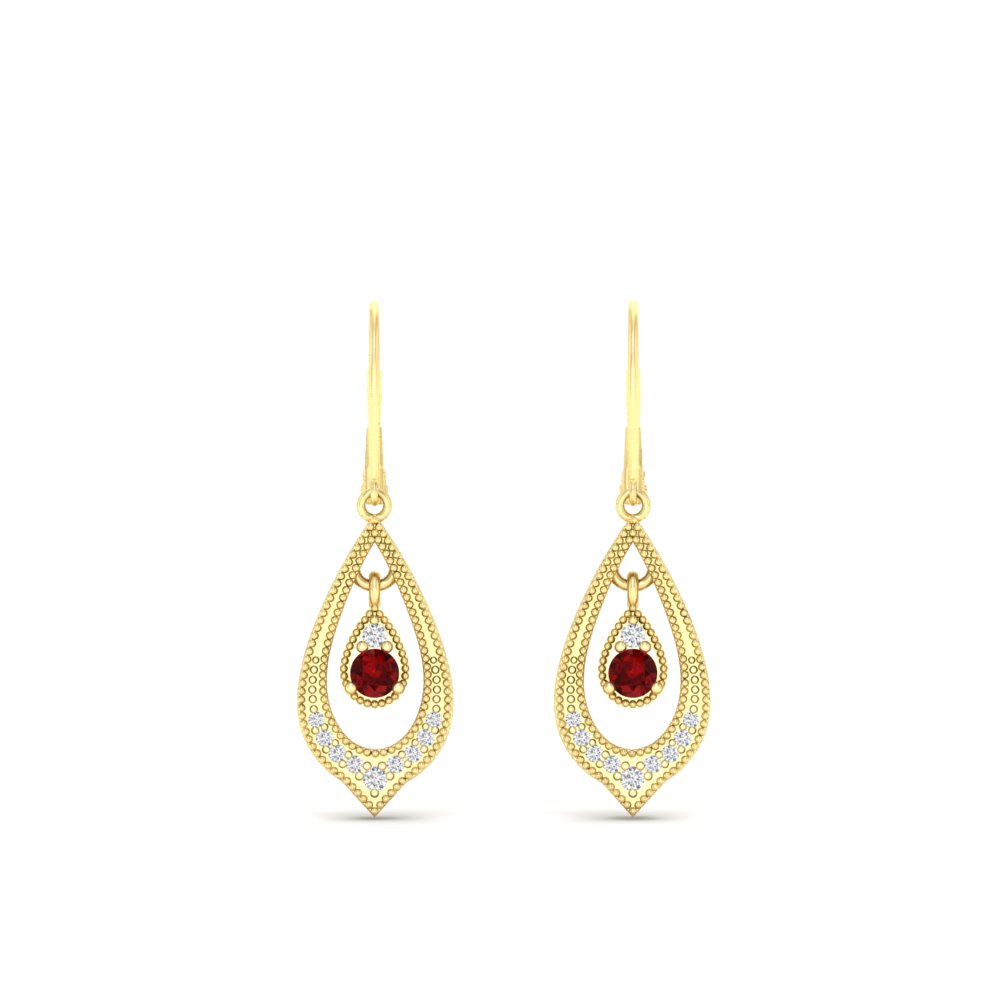 Elegant Milgrain Openwork Dangle Earrings with 14K Yellow Gold Red Ruby