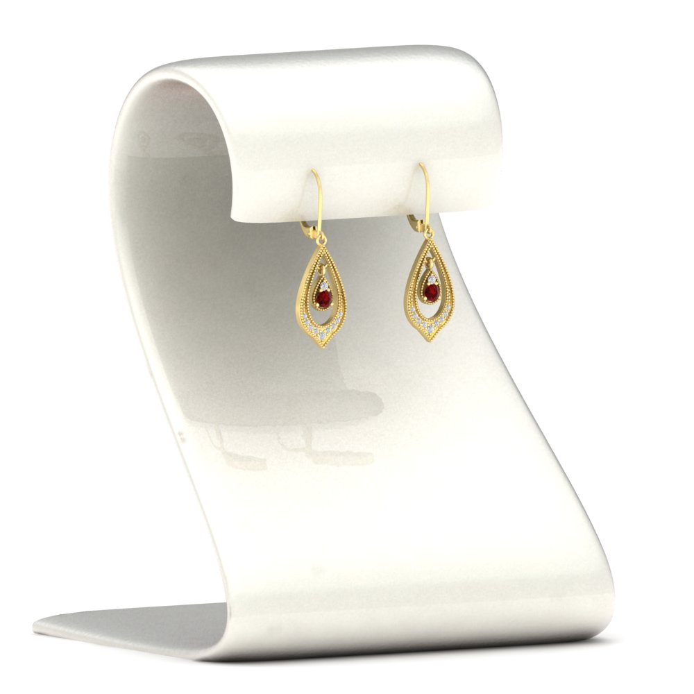 Elegant Milgrain Openwork Dangle Earrings with 14K Yellow Gold Red Ruby