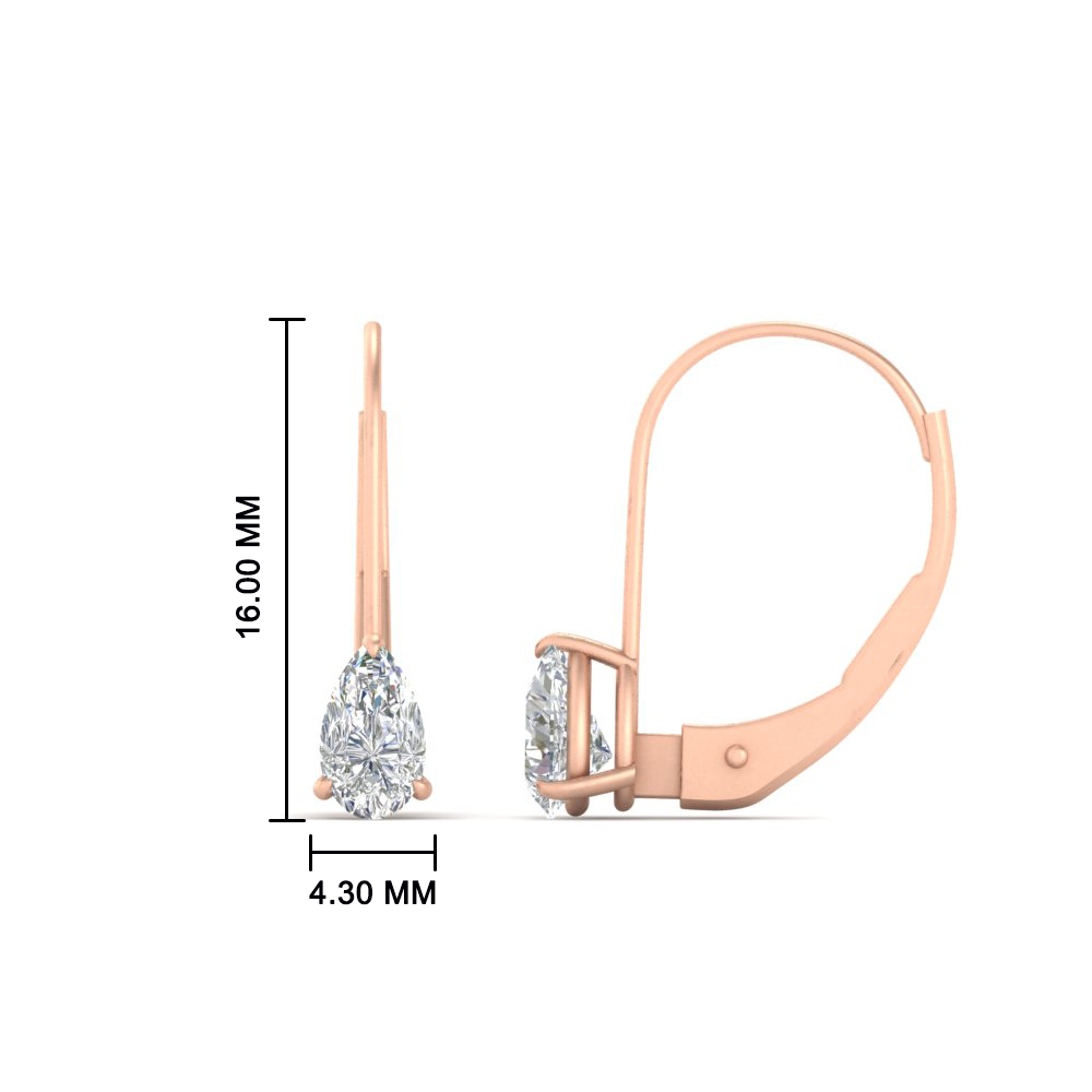 1 Carat Lever Back Pear Shape Diamond Earrings with 14K Rose Gold White Diamond