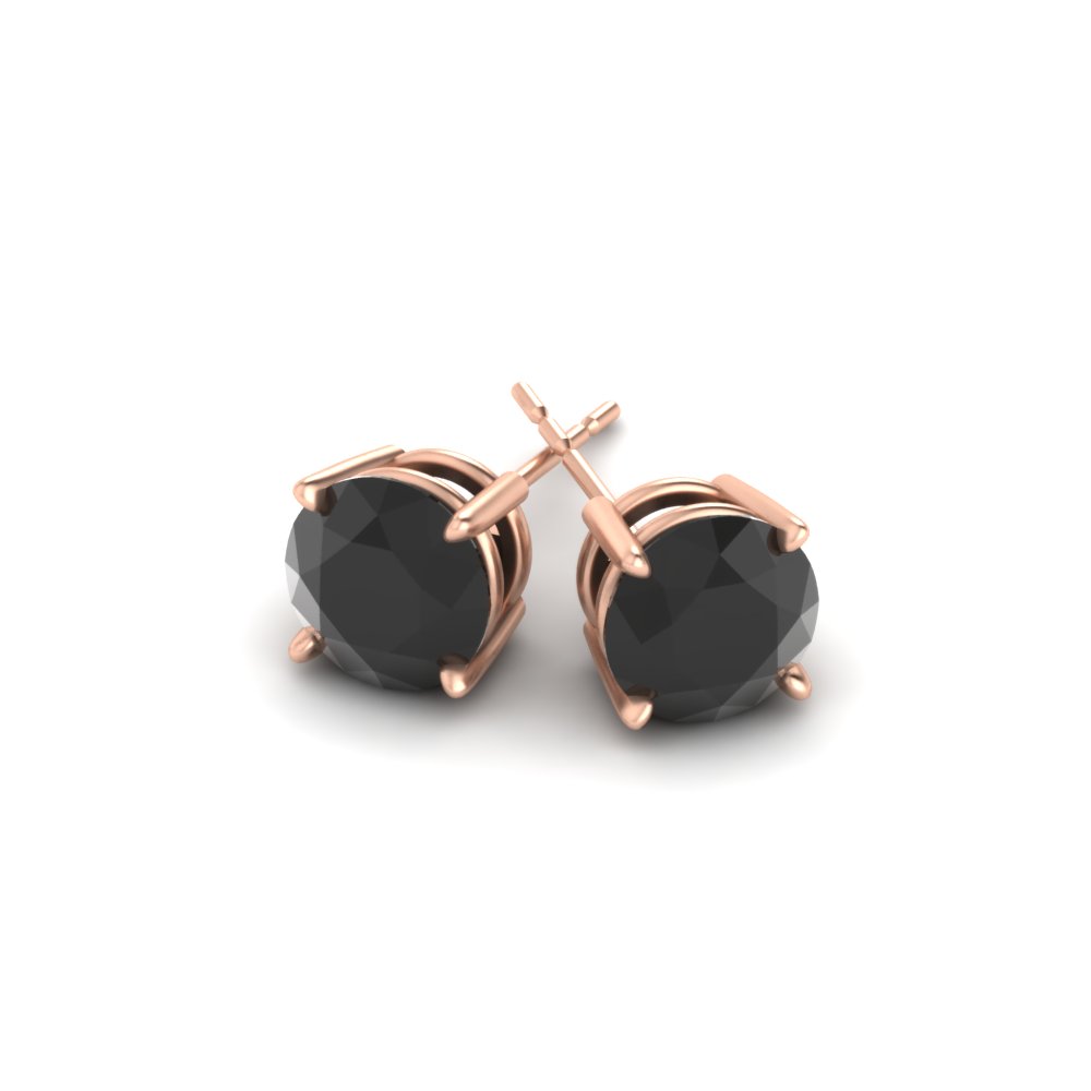 Prong Cut Black Diamond Stud Earrings 2 Carat with 14K Rose Gold Black Diamond