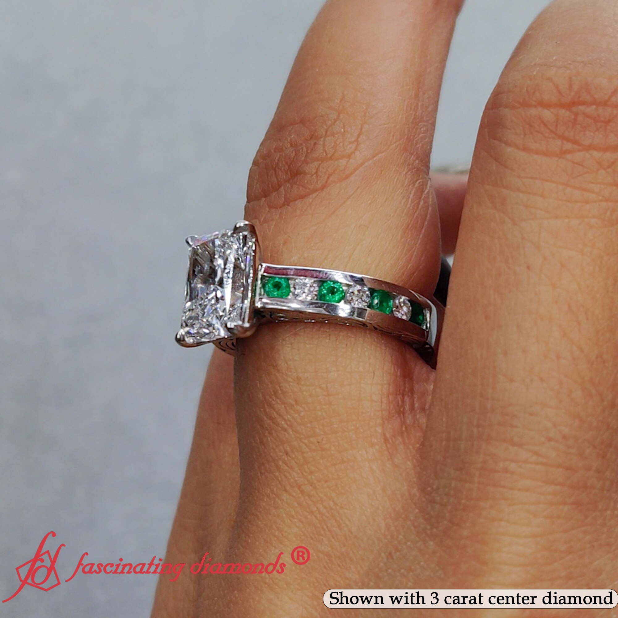 3.50 Carat Radiant Cut Vintage Channel Lab Diamond Ring with Green Emerald in 14K White Gold