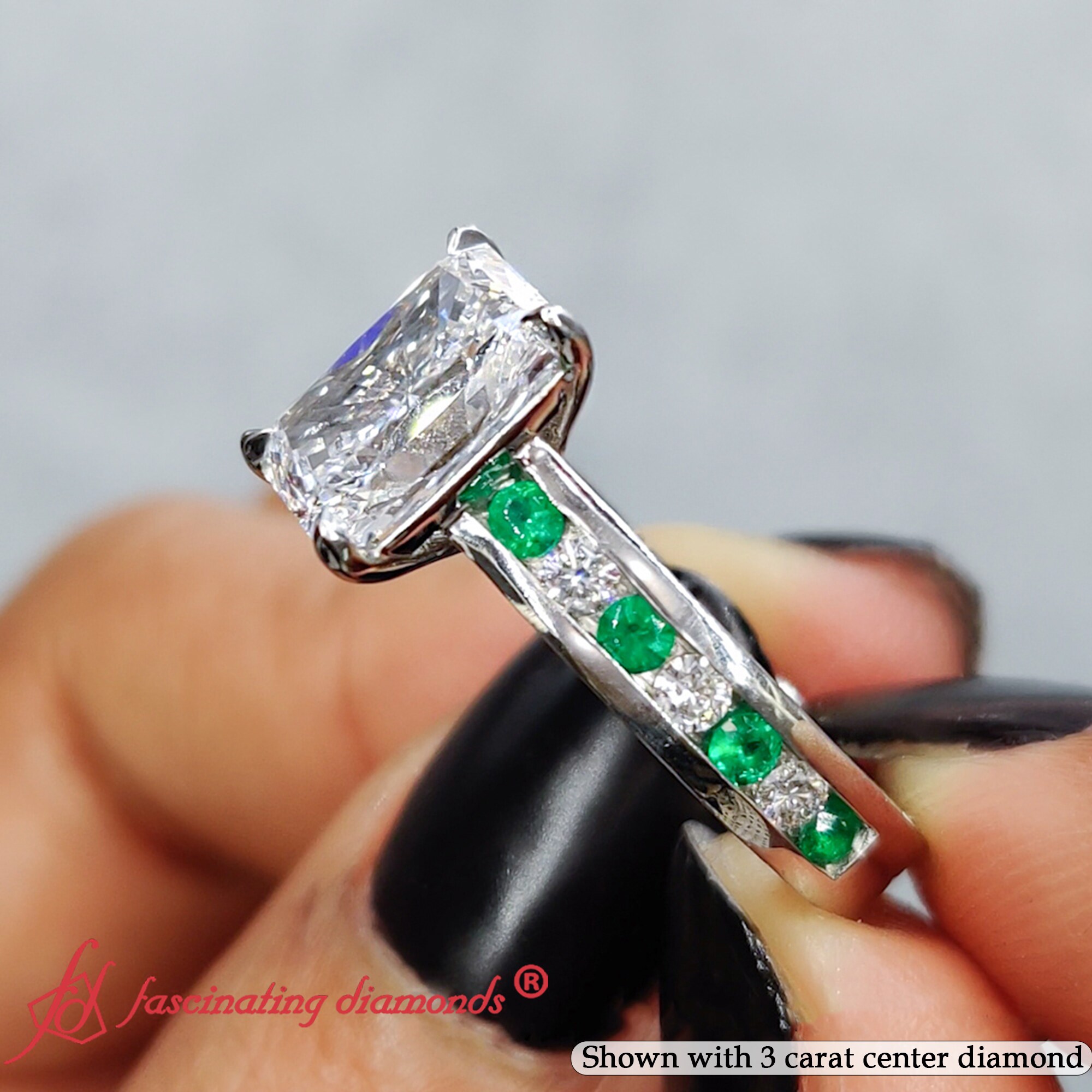 3.50 Carat Radiant Cut Vintage Channel Lab Diamond Ring with Green Emerald in 14K White Gold