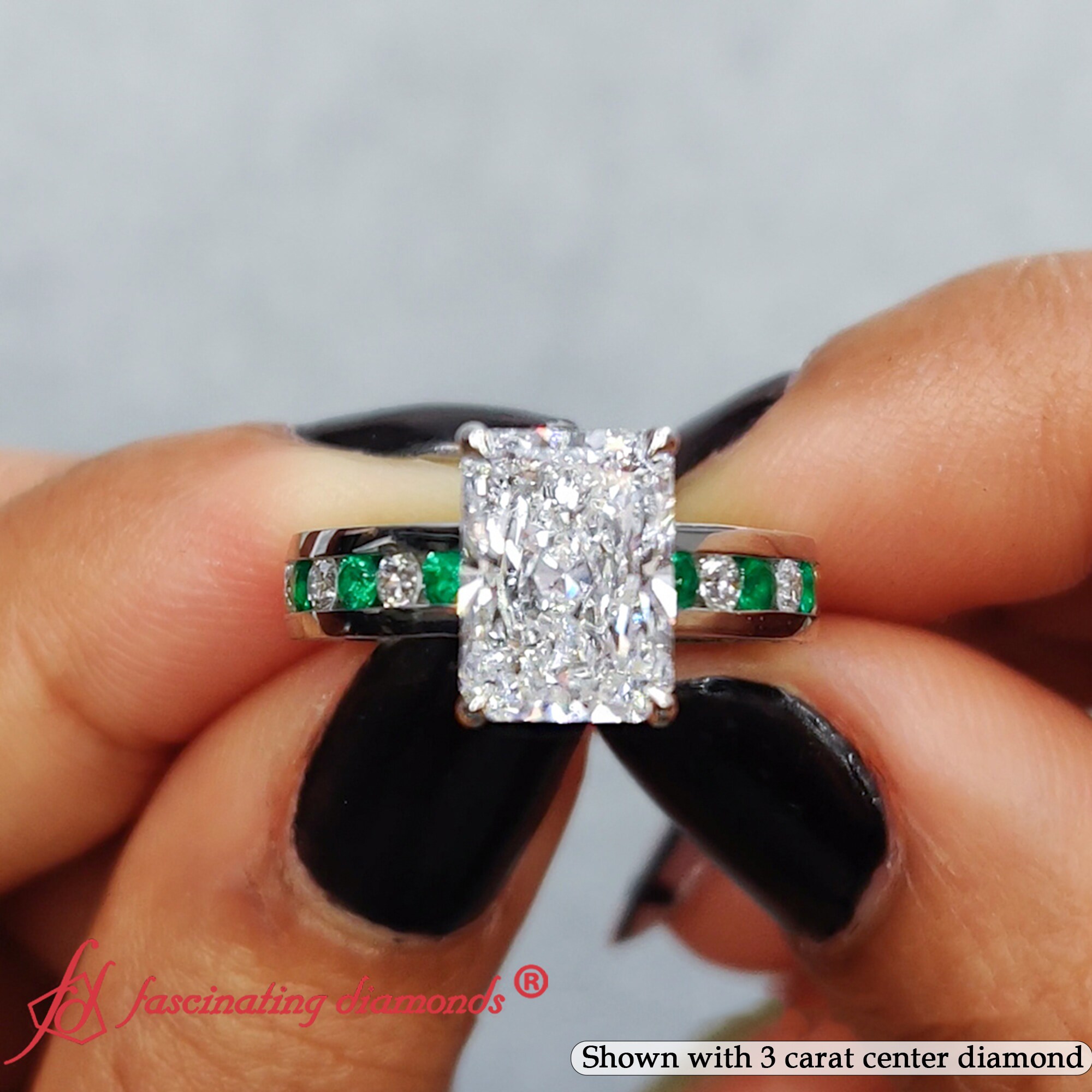 3.50 Carat Radiant Cut Vintage Channel Lab Diamond Ring with Green Emerald in 14K White Gold