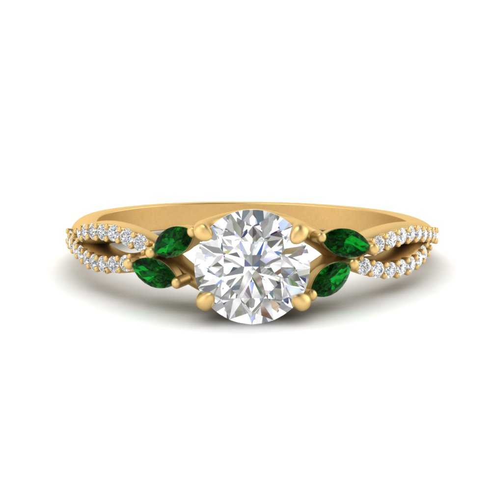 Round Shaped Twisted Split Vine Engagement Ring with Green Emerald in 14K Yellow Gold