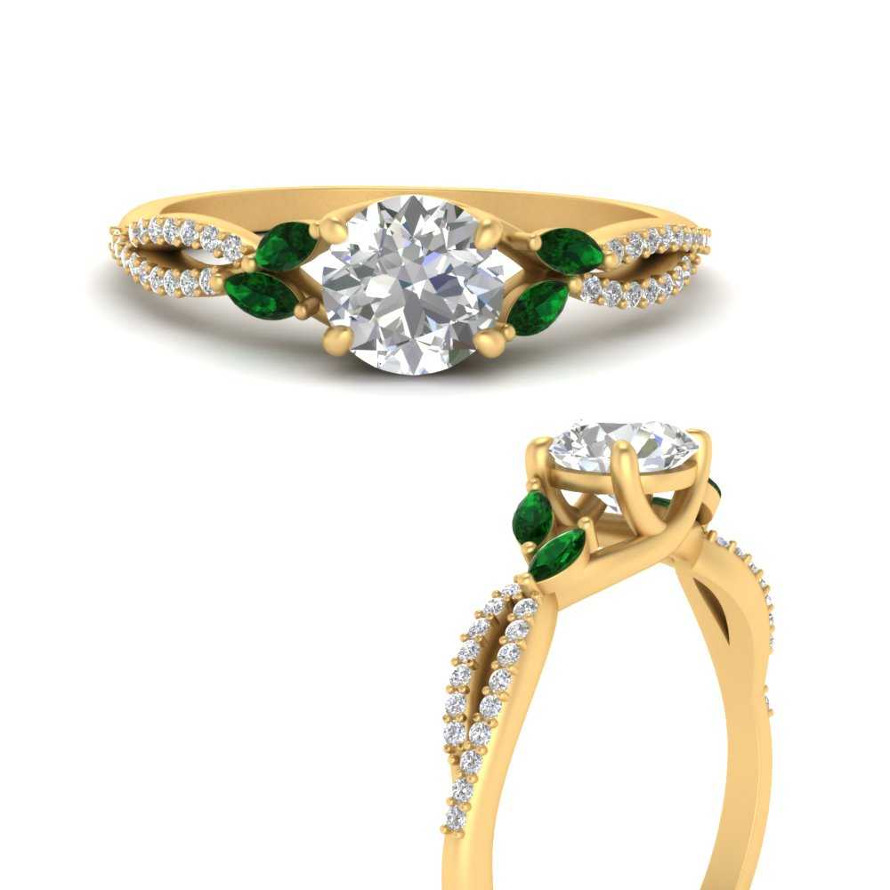 Round Shaped Twisted Split Vine Engagement Ring with Green Emerald in 14K Yellow Gold