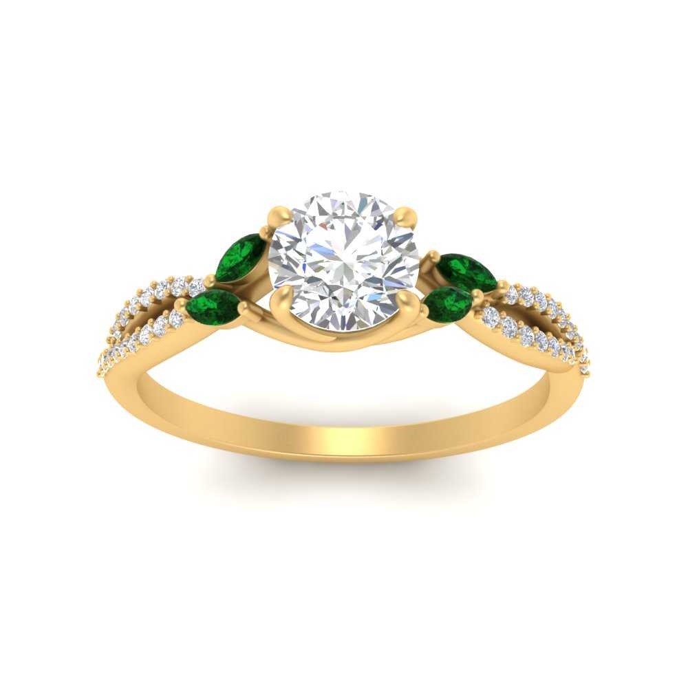 Round Shaped Twisted Split Vine Engagement Ring with Green Emerald in 14K Yellow Gold