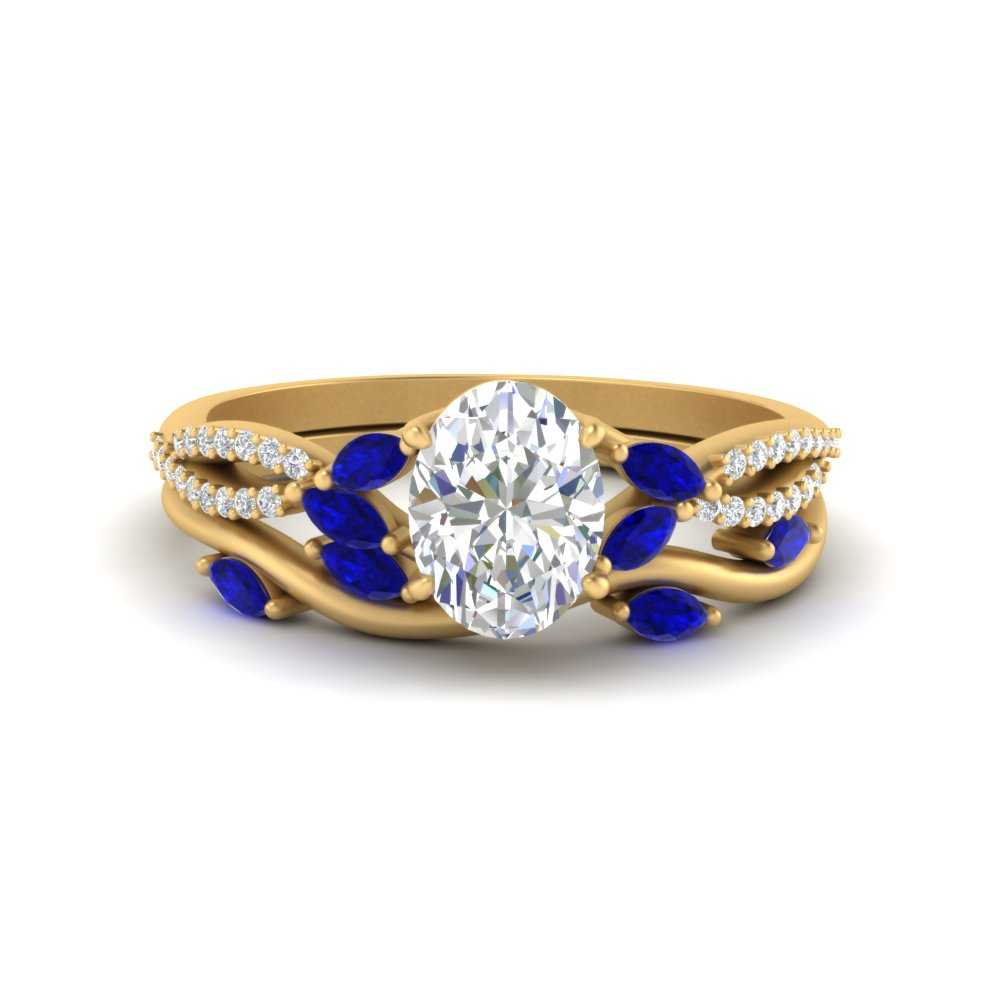 Oval Shaped Vine Accented Wedding Ring Set with Blue Sapphire in 18K Yellow Gold