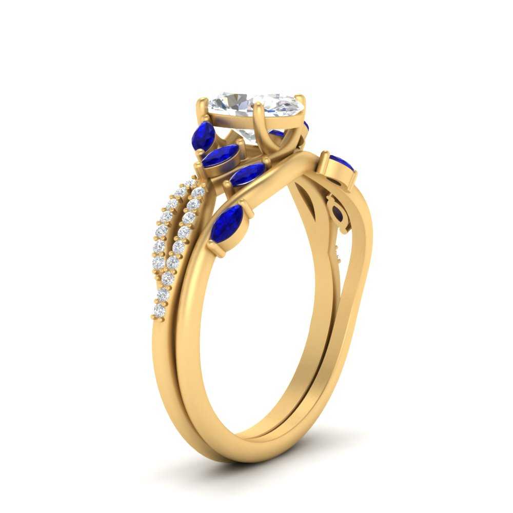 Oval Shaped Vine Accented Wedding Ring Set with Blue Sapphire in 18K Yellow Gold