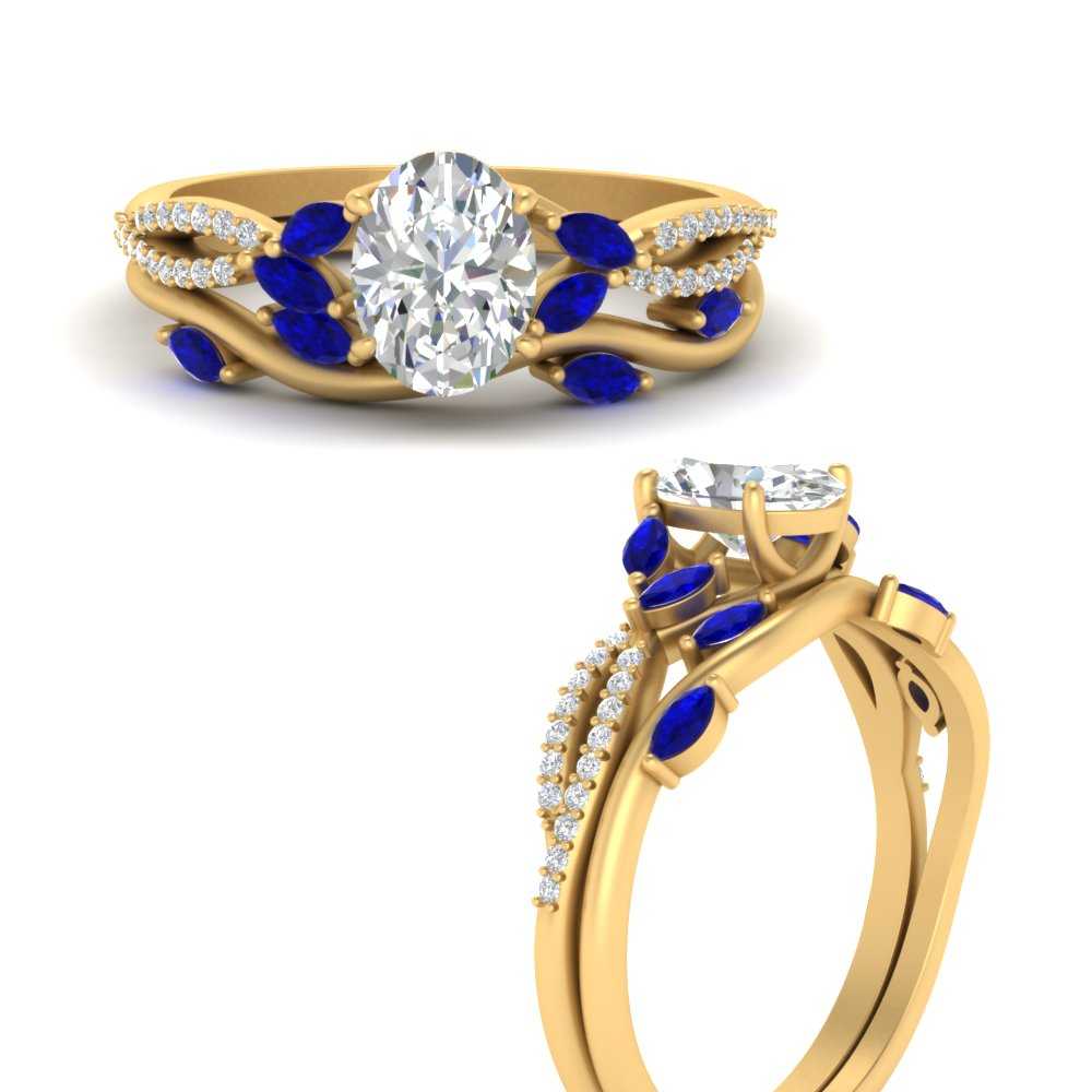 Oval Shaped Vine Accented Wedding Ring Set with Blue Sapphire in 18K Yellow Gold