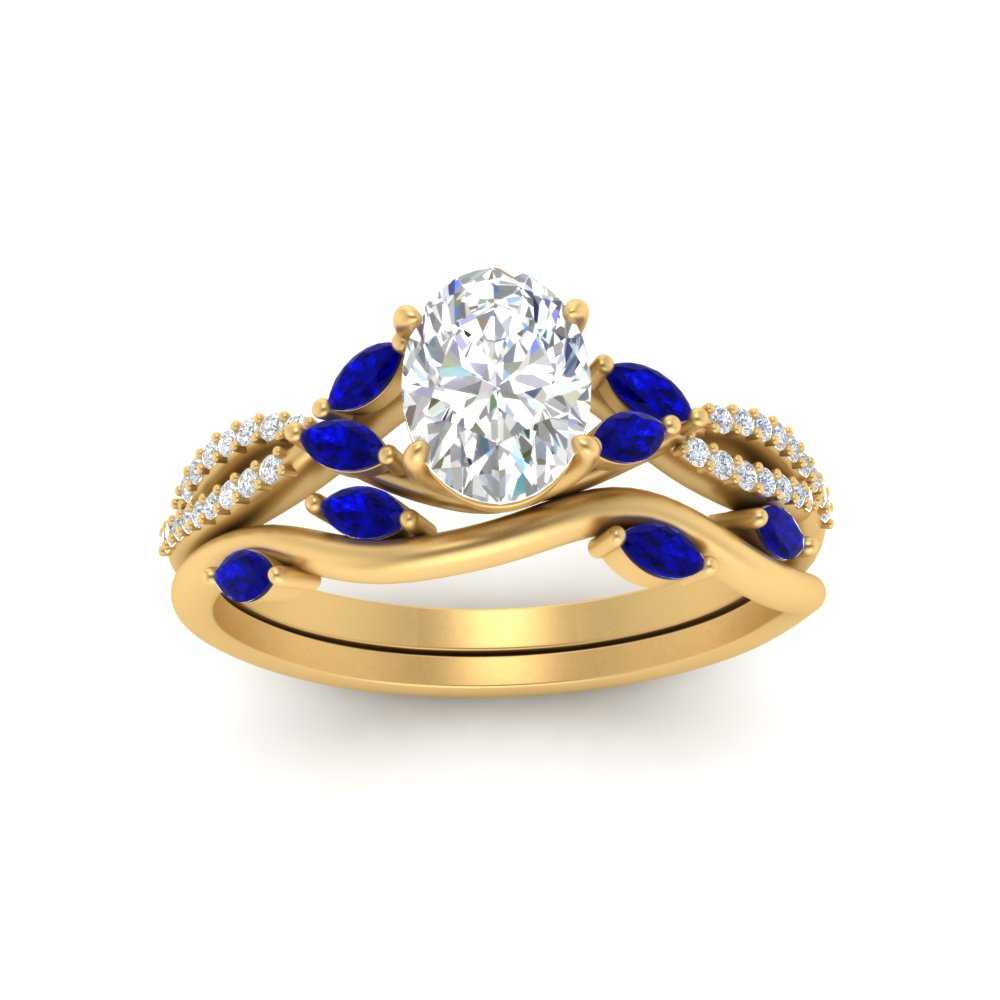 Oval Shaped Vine Accented Wedding Ring Set with Blue Sapphire in 18K Yellow Gold