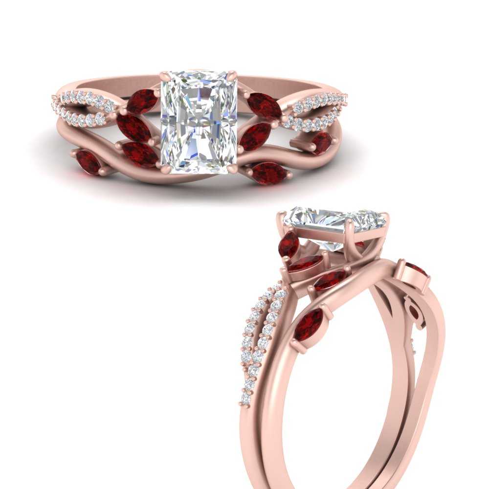 Vine Willow Radiant Cut Diamond Ring With Ruby Willow Wedding Set In 18K Rose Gold Fascinating Diamonds