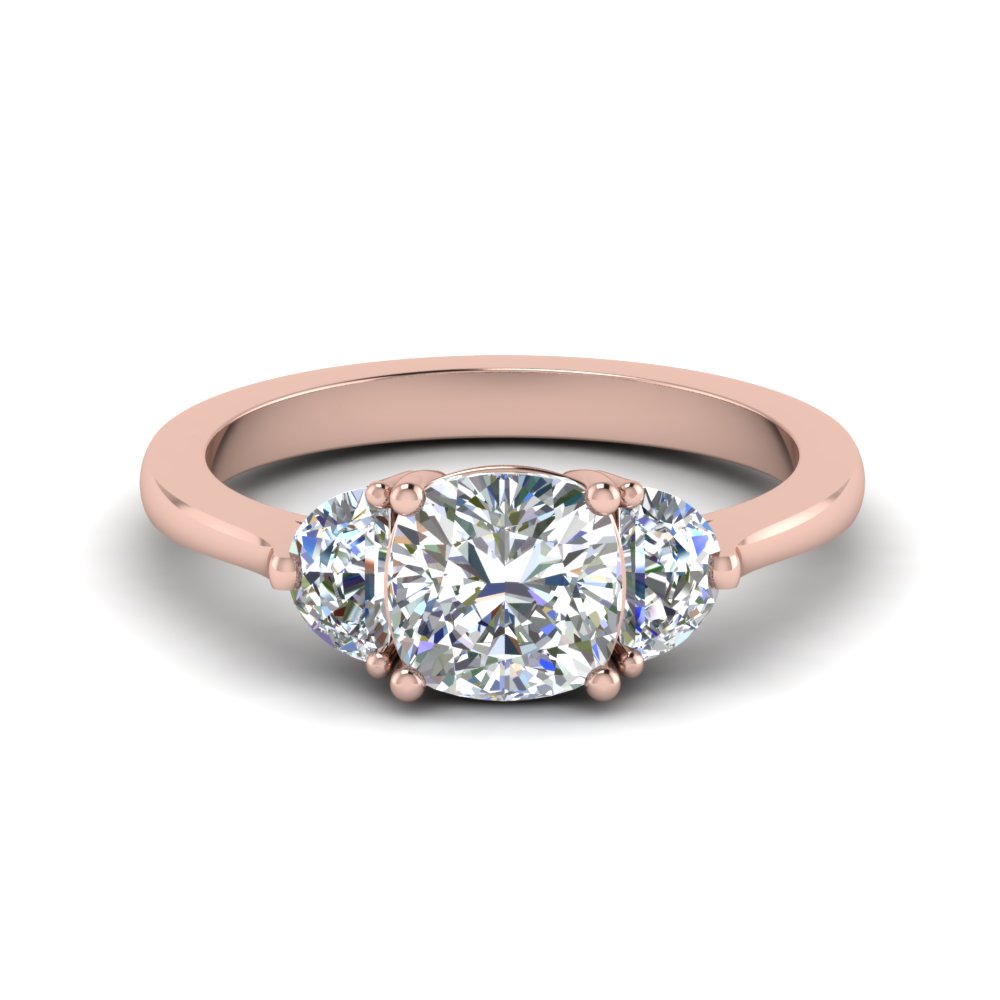 Cushion Shaped Half Moon 3 Stone Wedding Engagement Ring with White Diamond in 14K Rose Gold