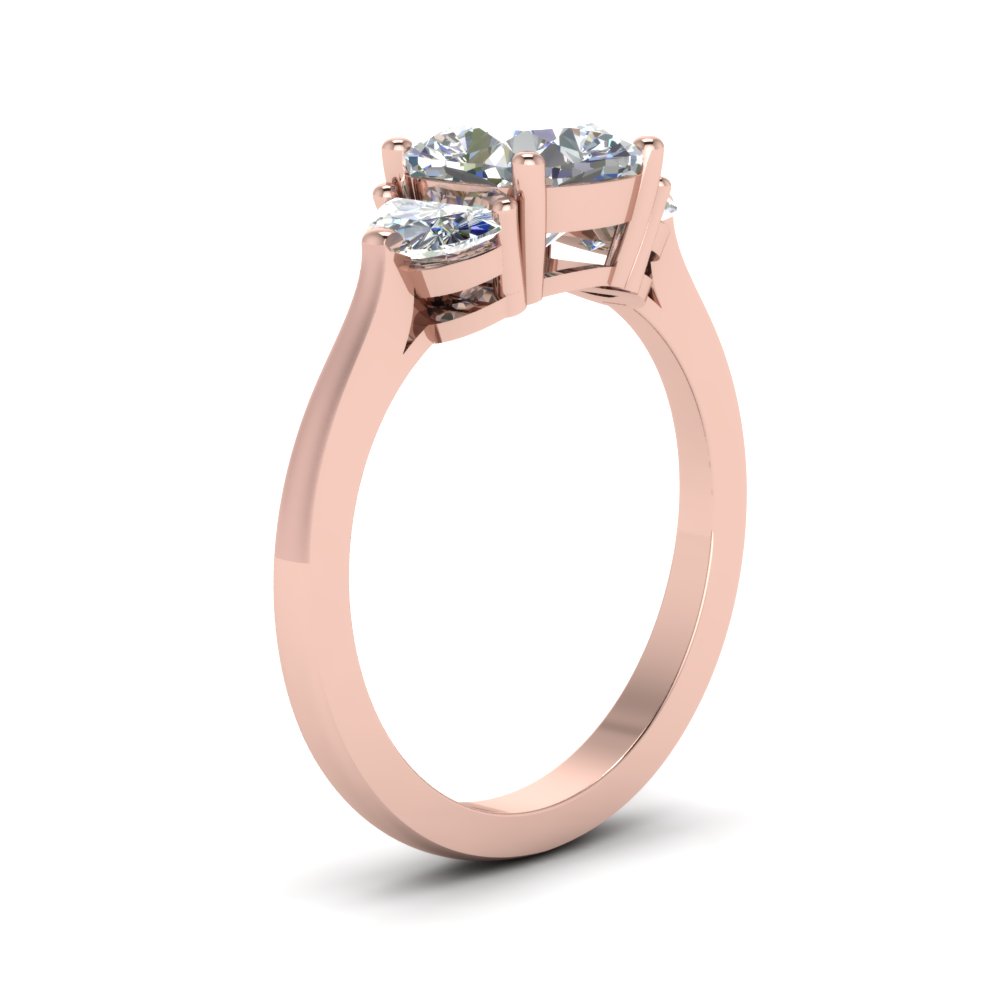 Cushion Shaped Half Moon 3 Stone Wedding Engagement Ring with White Diamond in 14K Rose Gold