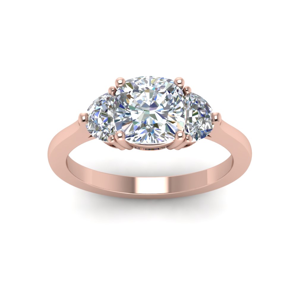 Cushion Shaped Half Moon 3 Stone Wedding Engagement Ring with White Diamond in 14K Rose Gold