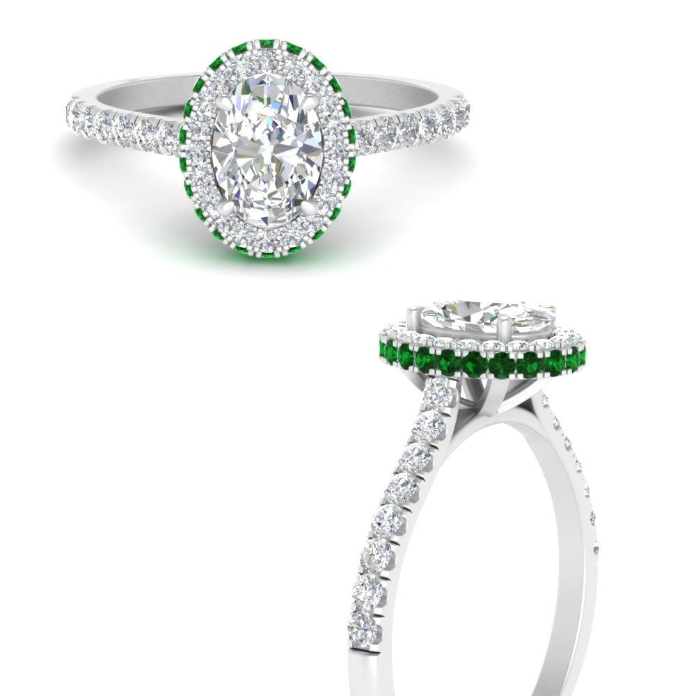 Hidden Halo Round Cut Emerald Side Stone Broad Band Engagement Ring 18kt White Gold (Setting Price) by with Clarity