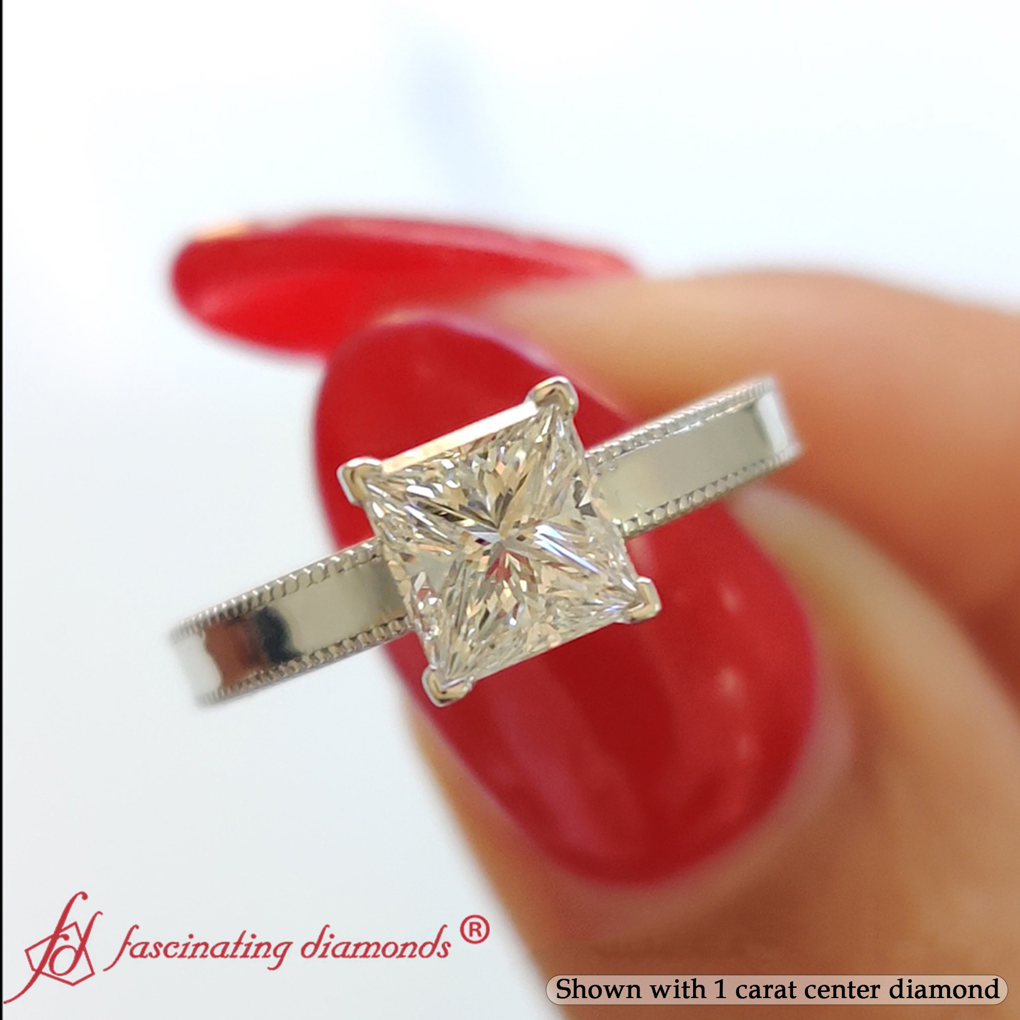 Princess Shaped Single Stone Milgrain Diamond Ring with White Diamond 14K White Gold