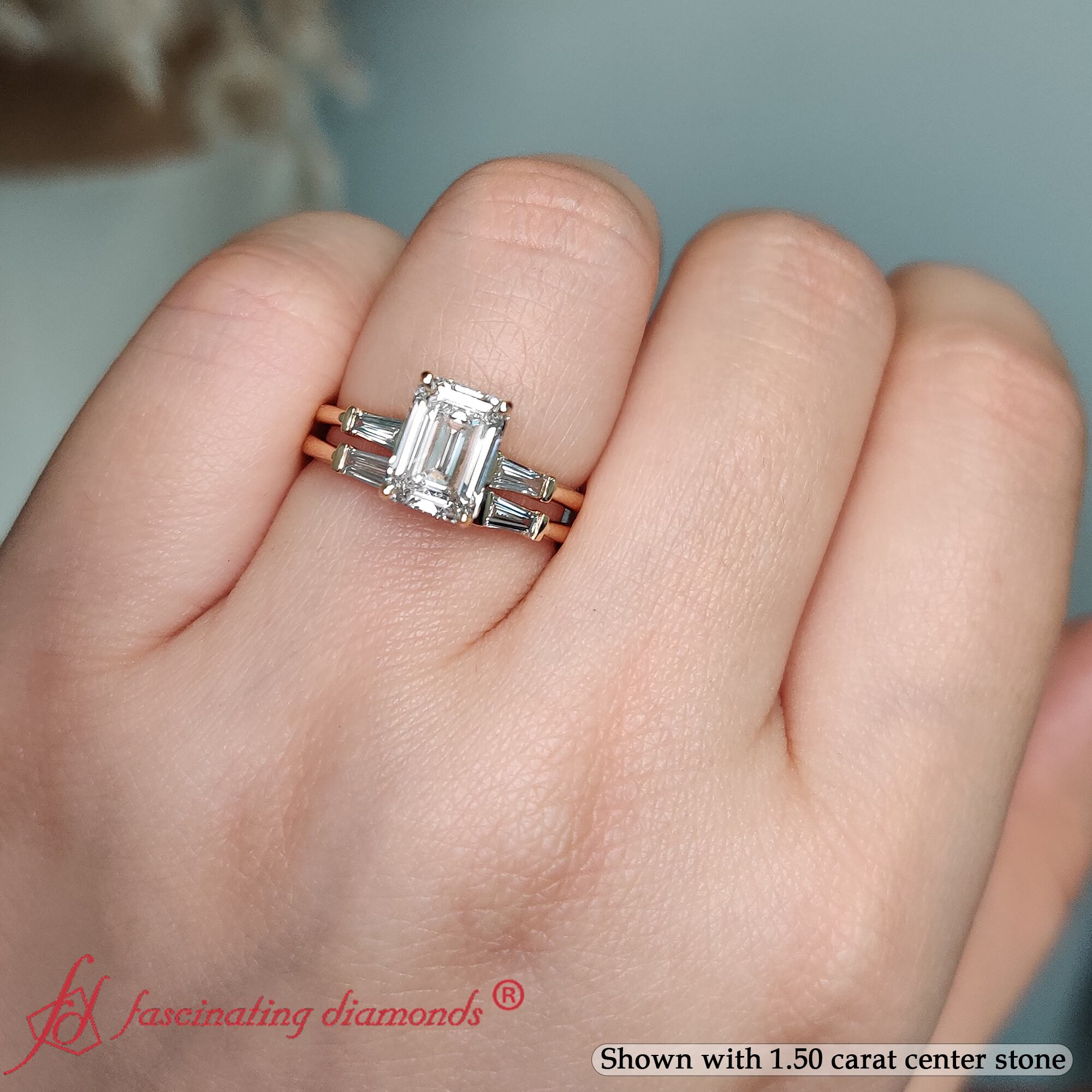 Emerald Shaped 3 Stone Baguette Bar Wedding Set with White Diamond in 14K Yellow Gold