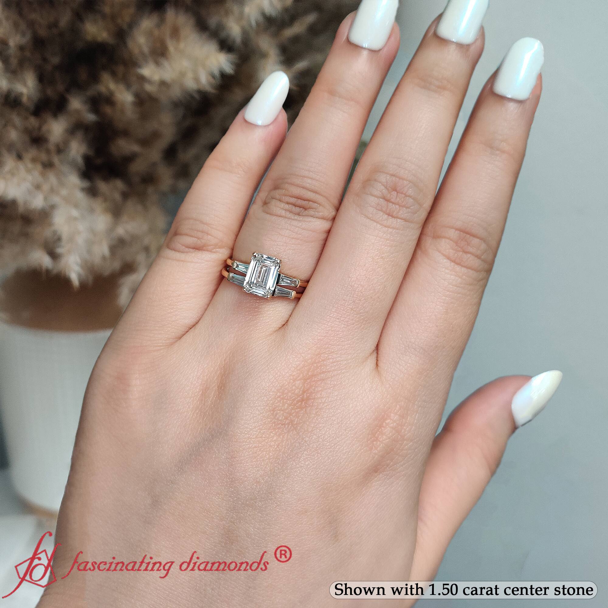 Emerald Shaped 3 Stone Baguette Bar Wedding Set with White Diamond in 14K Yellow Gold