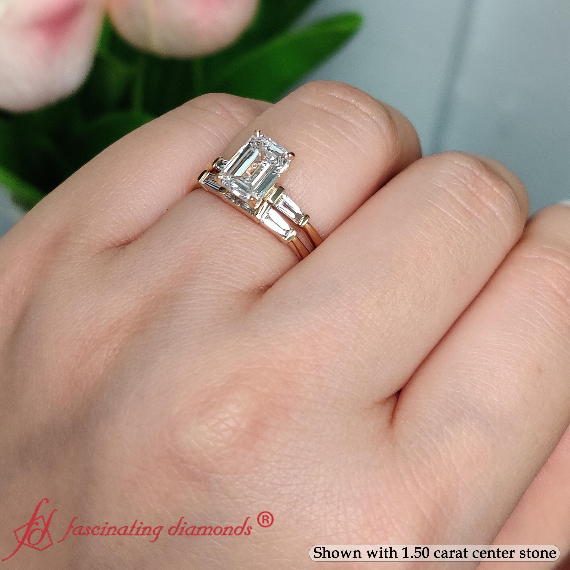 Emerald Shaped 3 Stone Baguette Bar Wedding Set with White Diamond in 14K Yellow Gold