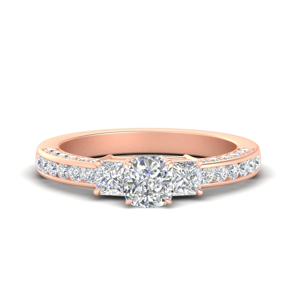 1.50 Ct. 3 Stone Pave And Channel Shank Ring with 14K Rose Gold White Diamond