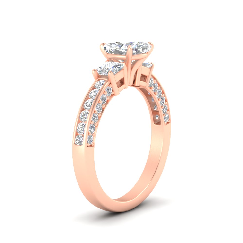1.50 Ct. 3 Stone Pave And Channel Shank Ring with 14K Rose Gold White Diamond